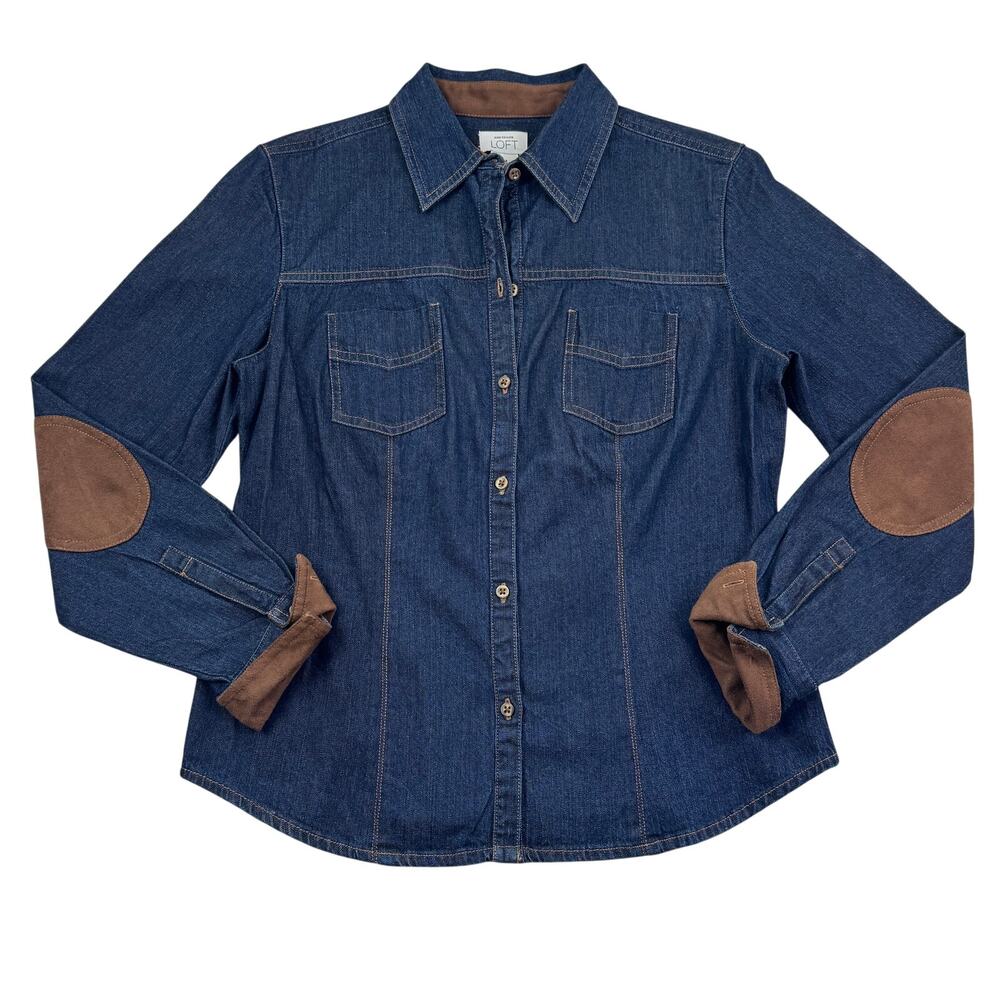 Loft Cotton Western Denim Faux Suede Long Sleeve Button Down Shirt Women's M